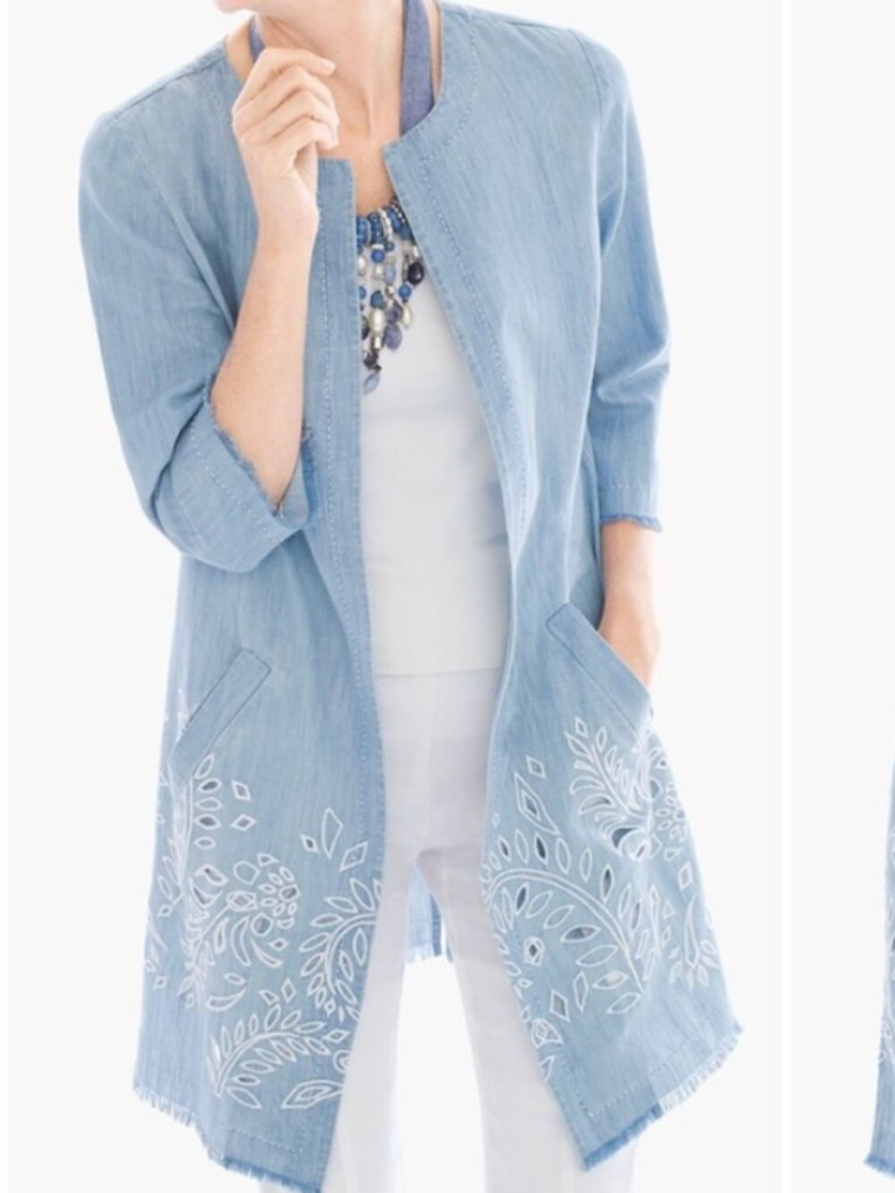 Chico's Chambray Denim Eyelet Fringe Detail Lightweight Cotton Jacket